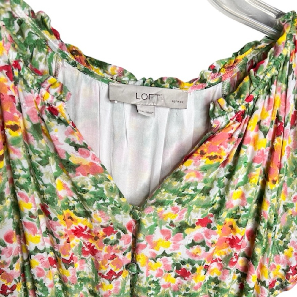 LOFT Floral Flutter Sleeve Button Front Pink Yellow Orange Floral Dress SZ PL - Picture 2 of 8